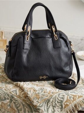 Jessica Simpson Black Slouchy Satchel Bag with Gold Hardware&Animal Print Lining